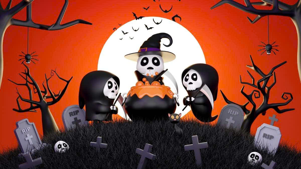 Cảnh Halloween đầy màu sắc với ma dễ thương