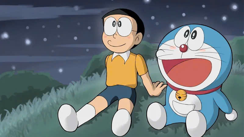 Hình nền điện thoại Doremon ngắm sao trong đêm lung linh cùng Nobita